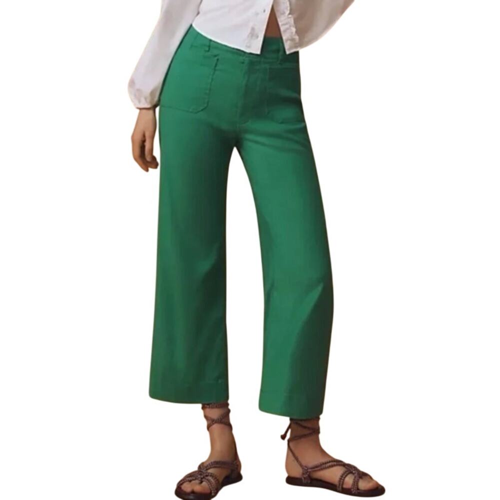 Anthropologie Maeve Colette Cropped Wide Leg Pants Green Linen Blend Size 29
